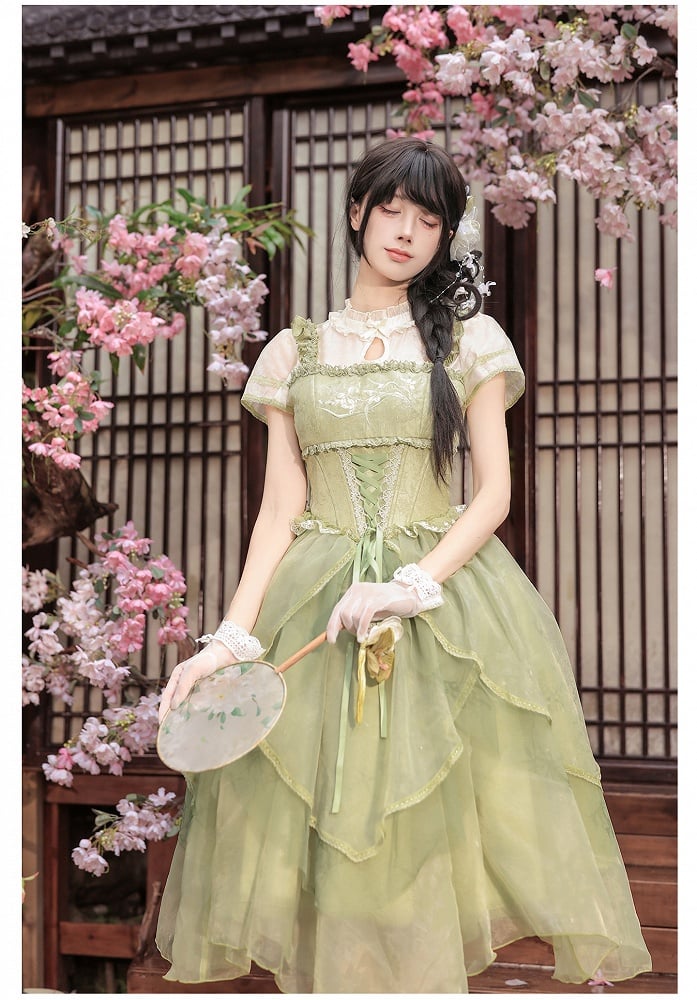 Green Orchid Chinoiserie Lolita OP Dress & Hairclips Set - With PUJI