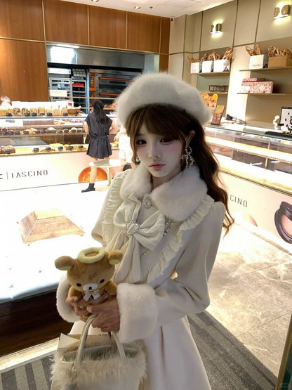Beige Dress - Fur Pure in Bow Plush Oversized Coat Trim Wool Kei Polished Jirai