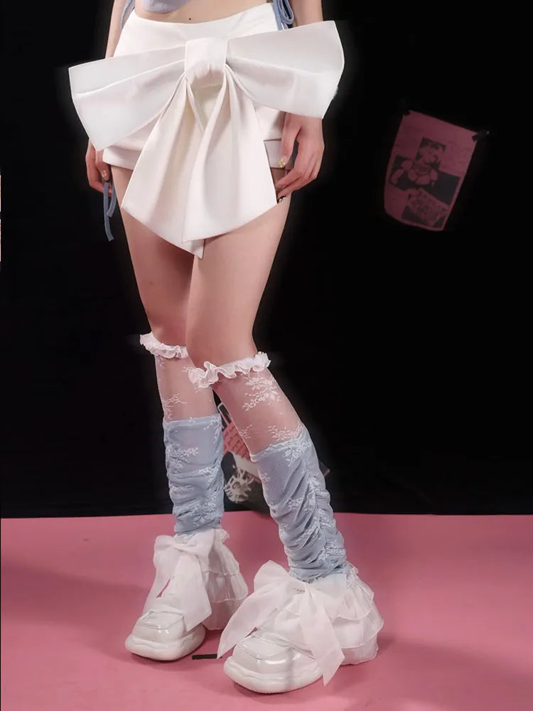 詳細 レースの袖、ティアード、ピンク/ブルー、レッグカフス、蝶結び