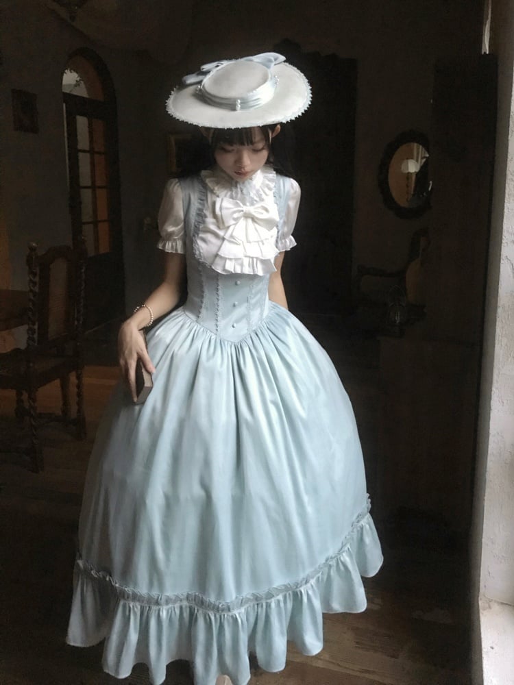 Light Blue Satin Basque Waist Under Bust Elegant Lolita JSK - Alice in Wonderland Lolita