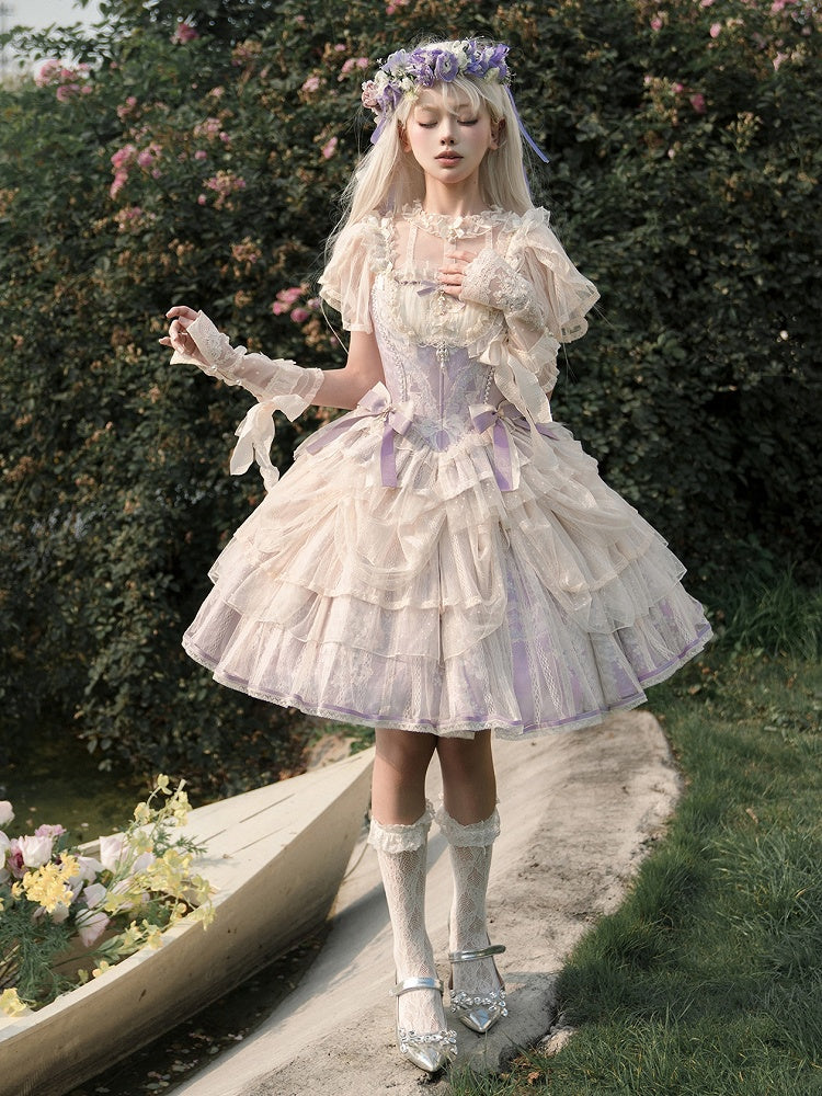 Balletcore Top Corset + Print Skirt Lolita Princess Purple Light Boned Floral