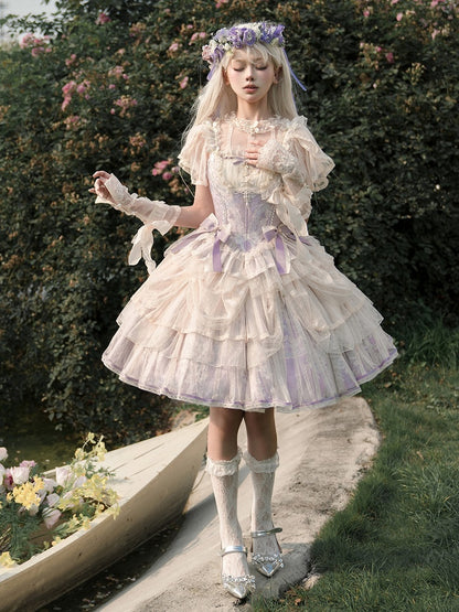 Balletcore Top Corset + Print Skirt Lolita Princess Purple Light Boned Floral