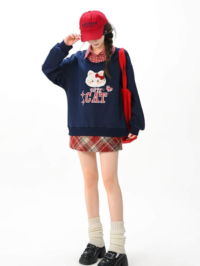 Sweatshirt with Detachable Red Applique Navy Kitty Embroidery Blue Collar Plaid