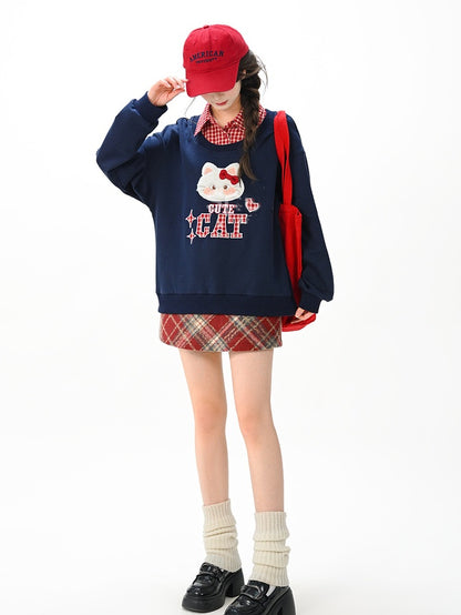 Sweatshirt with Detachable Red Applique Navy Kitty Embroidery Blue Collar Plaid