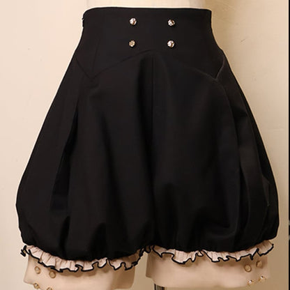 Black and Red Ouji Fashion Preppy Style Full Set-Beige Shirt + Red Waistcoat + High Waist Knickerbockers Shorts + Shawl+ Accessories