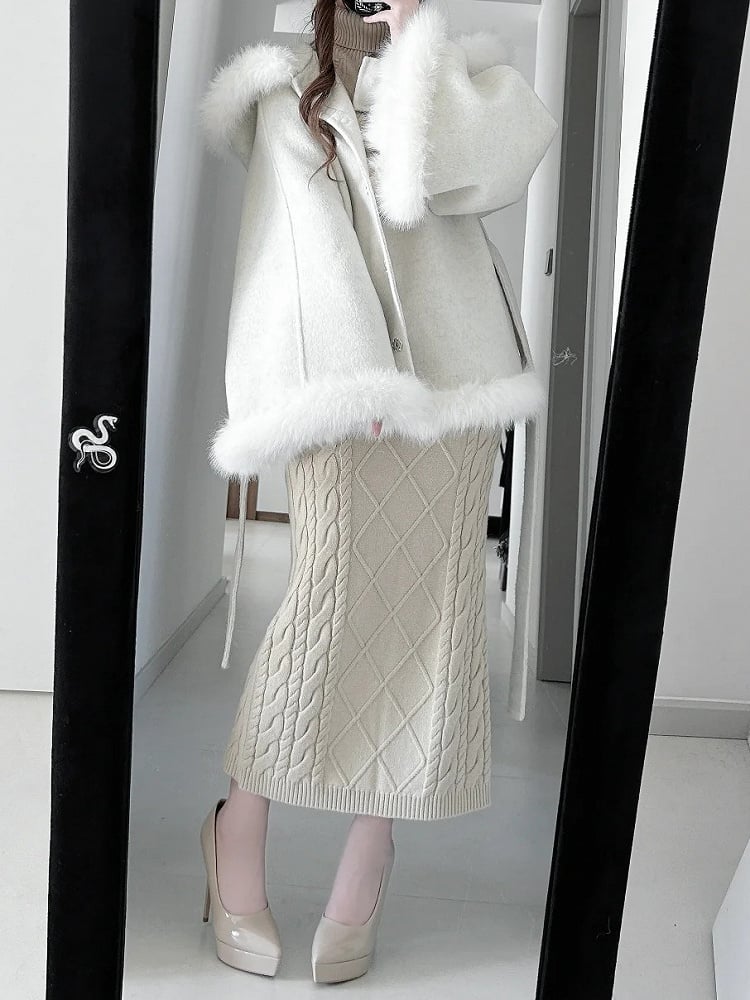 Clean Kei x Jirai Kei Apricot Wool Cape with Detachable Back Bunny Ears & Plush Trim