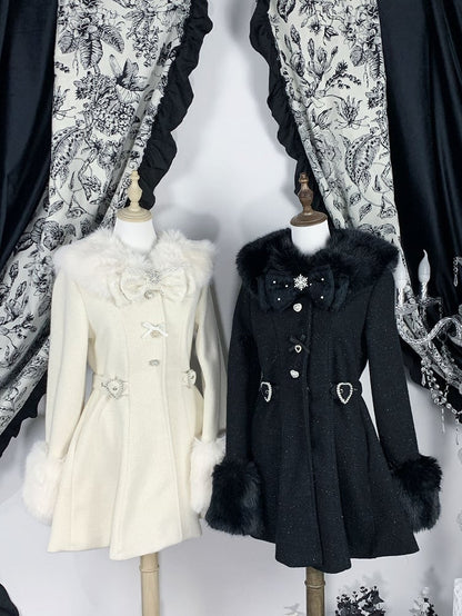 Faux Fur Detachable Coat Waisted Kei Black/Beige Collar with and Cuffs Jirai