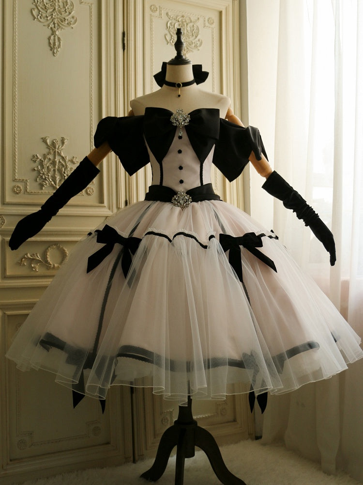 Big Bow Off-the-shoulder Neckline Pink Elegant Tea Party Lolita Tulle Dress