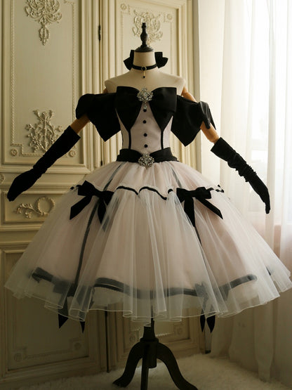 Big Bow Off-the-shoulder Neckline Pink Elegant Tea Party Lolita Tulle Dress