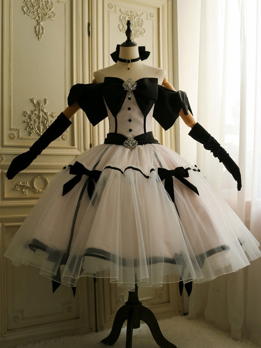 Big Bow Off-the-shoulder Neckline Pink Elegant Tea Party Lolita Tulle Dress