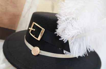 Black Feather Top Hat with Buckle Strap and Bowtie - Castle Too