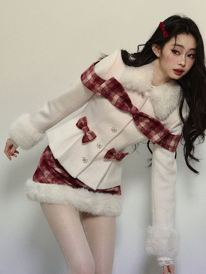 アプリコットチェック柄リボンアクセントウールジャケット