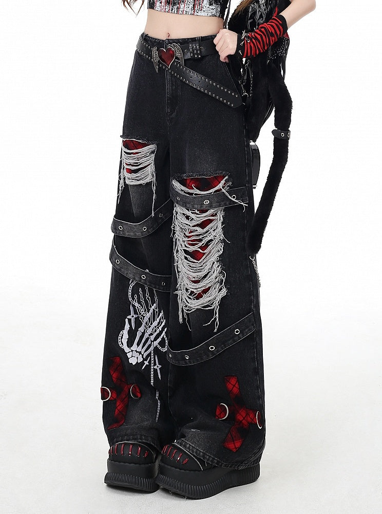 Vintage Weites Bein Grau/Rot Karo Waschung Distressed Faded Punk Holes Jeans