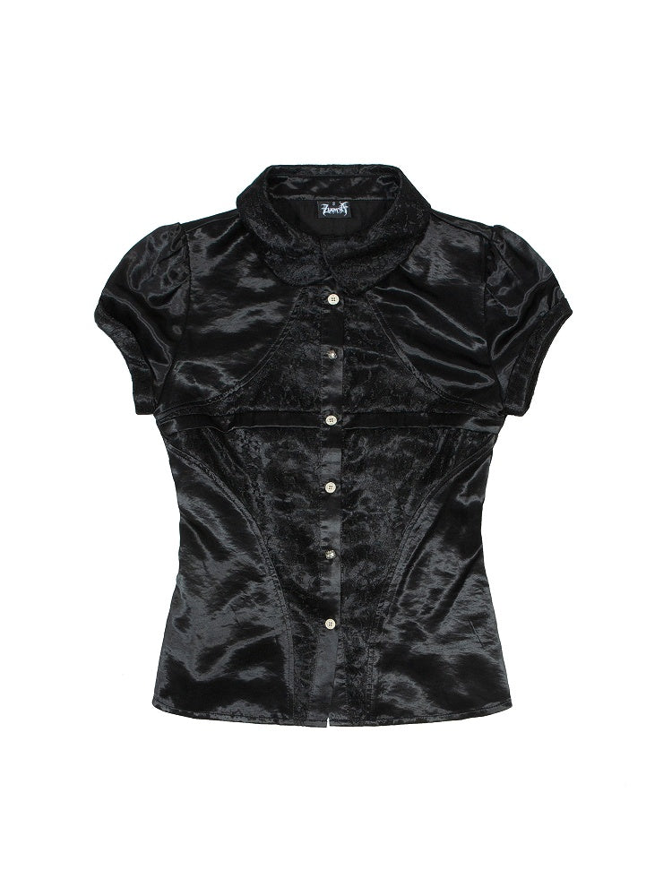 Punk with Black Ties Blouse Lace Back Crisscross Trim Satin Gothic