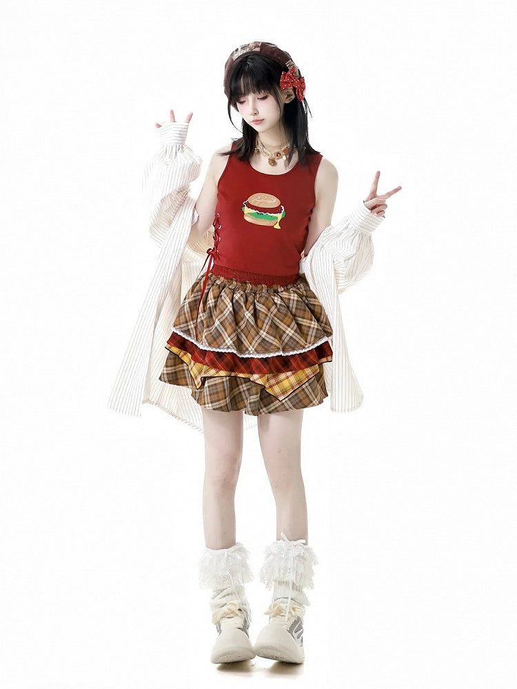 Trim Detail Lace-up Tank Top with White/Red Burger Print Lace