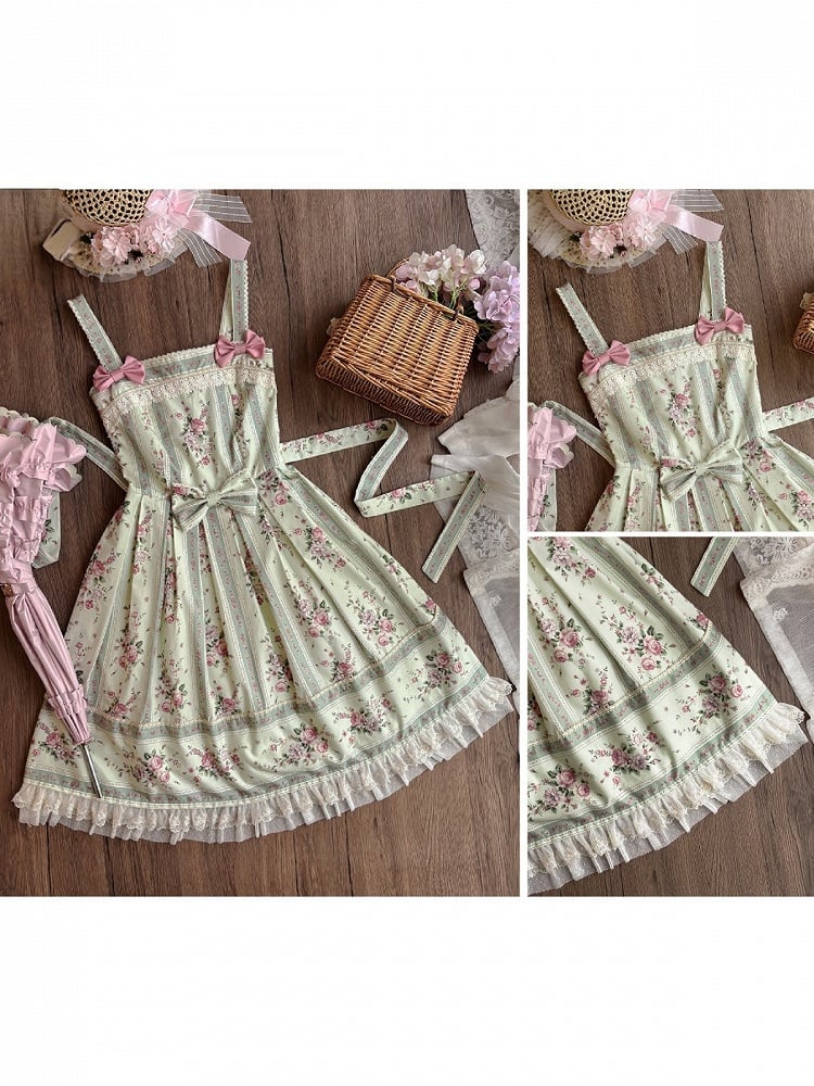 Light Green Box Pleat Skirt Lolita JSK Dress with Floral Print & Back Lace-Up - Miss Cube Dressworks