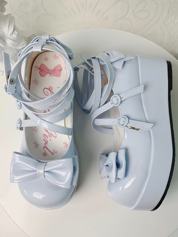Light Blue Bow Buckle Straps Round Toe Platform Lolita Shoes - XIN MENG