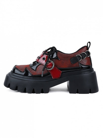 Sole Black Platform Chunky with Buckle Design Shoes Details Lace-up Red Vamp - Studs Punk