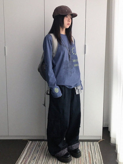 Y2K Purple Crew-Neck Long-Sleeved Loose Tee with Distressed Graphic - innomoood