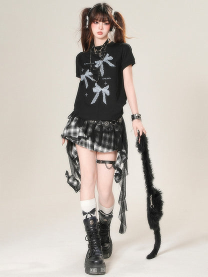 ホワイト/ブラック デイリープリント 蝶結び かわいいTシャツ