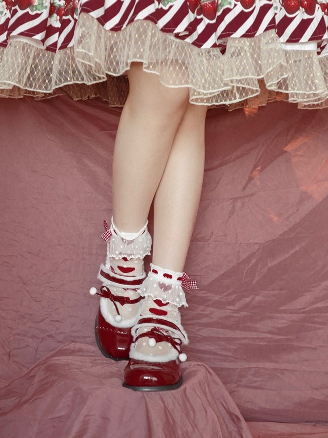 Lining Mary Bow - Sweet Pompom Lolita PU Plush with Wine Janes Mid-heel Accented Red