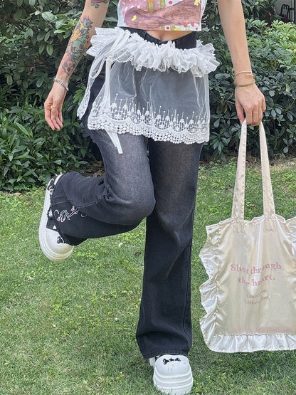 ほろ苦い刺繍入りホワイトY2Kカフトリムパンツフローラルシアーレースアクセサリーフリル