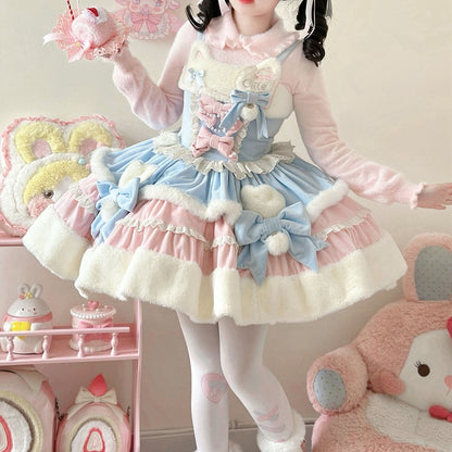 Winter Dress Ears Lolita Sweet Blue and Kitty Neckline Pink Plush