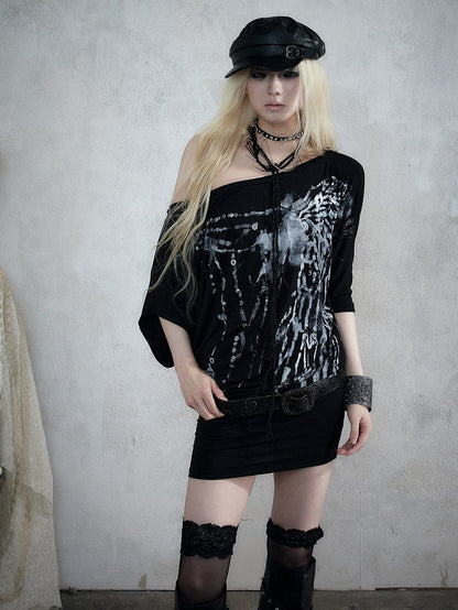 Asymmetrical Batwing Sleeve Black Bodycon Dress with Wing Print - NO ROMANCE