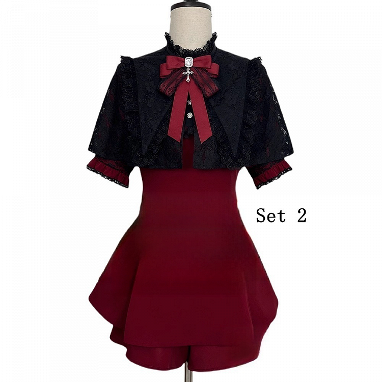 Black Kei Top Lace Set- Tie Detachable Gothic Short Faux Sleeve + Pointed Full Jirai Bow Collar Red Cape Coord Shorts