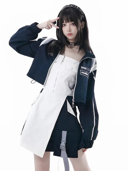 with Loading Bar Embroidery  Partial Front Zipper Blue  White Colorblock Techwear Dress