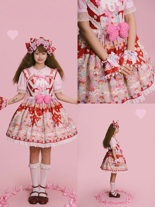 Lolita Sweet Gummy Desserts Print Bärenrock Rot und Pullover