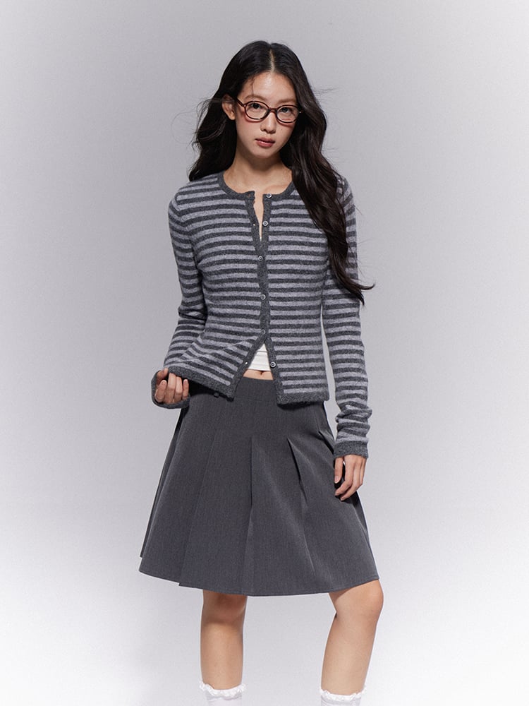 Mini Preppy Pleated Loops Gray Skirt A-Line Low-Waisted Belt with