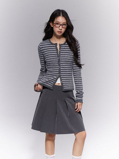 Mini Preppy Pleated Loops Gray Skirt A-Line Low-Waisted Belt with