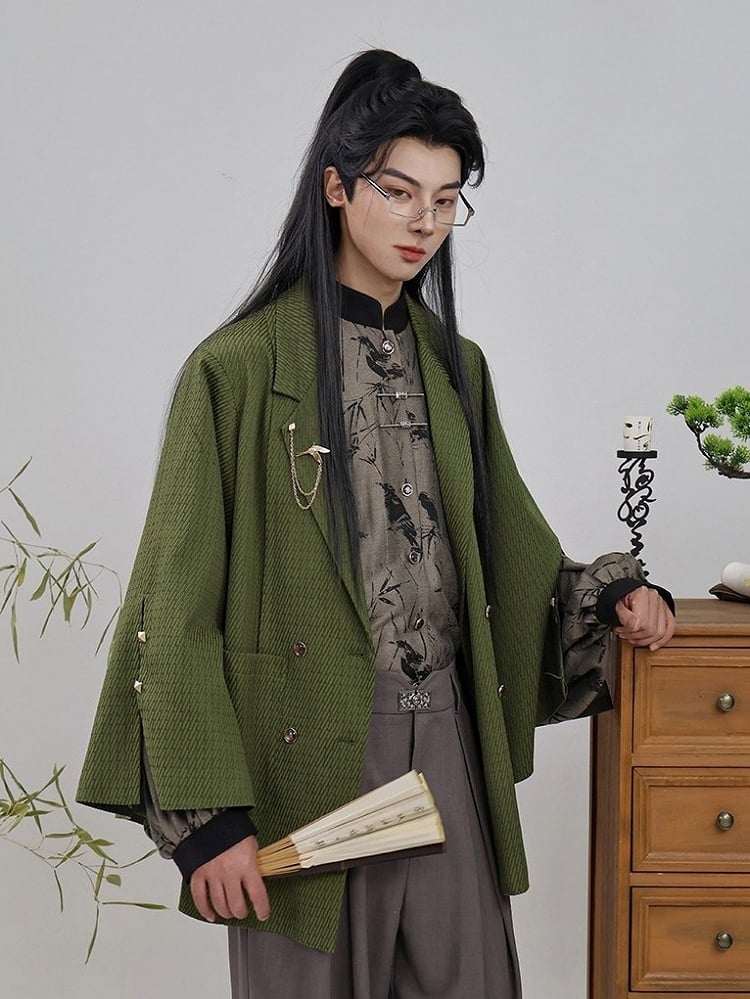 Blazer Front Slit Cuff Green Style Unisex Notched with Design Collar - Chinese Double-Breasted