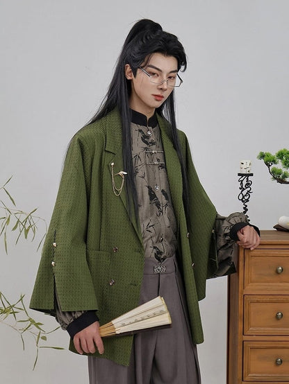 Blazer Front Slit Cuff Green Style Unisex Notched with Design Collar - Chinese Double-Breasted