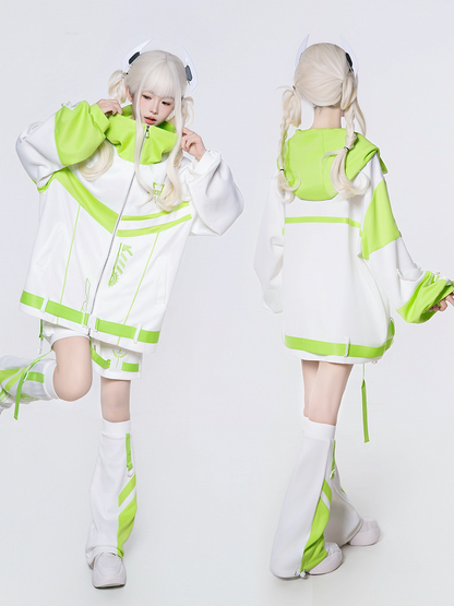 Green Jacket Futuristic with White Landmine Colorblock Hooded Style