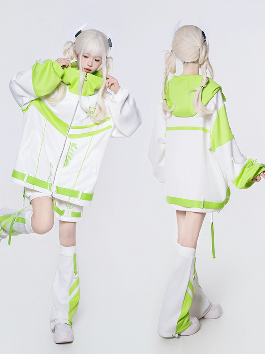 Green Jacket Futuristic with White Landmine Colorblock Hooded Style