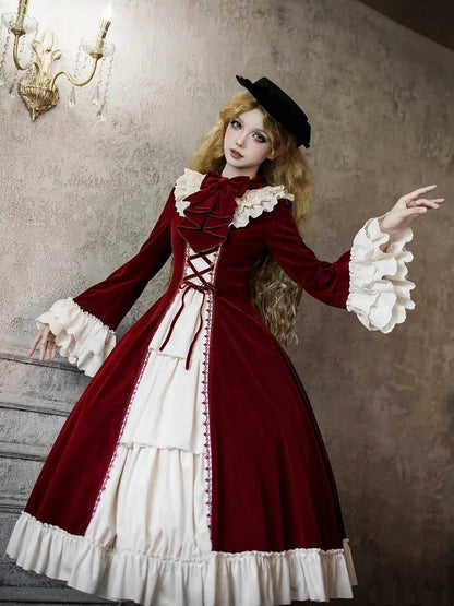 + Velvet Hairclip and Beige Bowtie Lolita OP Elegant Winter Bow Red Bell Sleeves