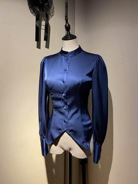 シャツ ダークマンダリンスリーブ 王子ロリータカラー ブルー ロング