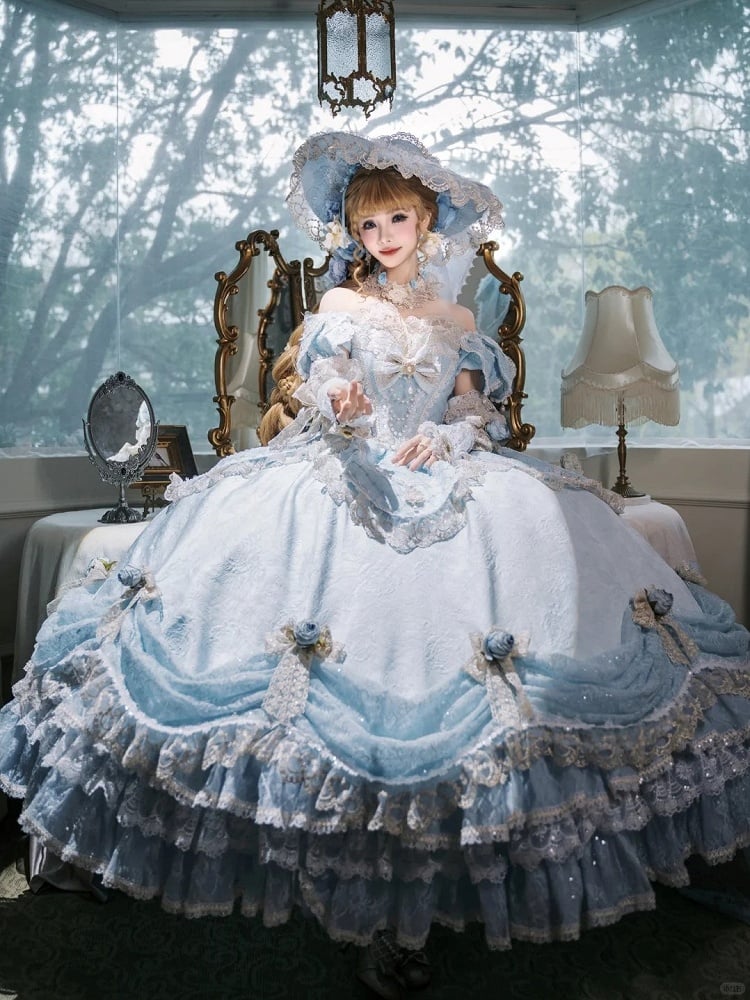 Light Blue Off-Shoulder Hime Lolita Gown - Layered Lace Princess Dress