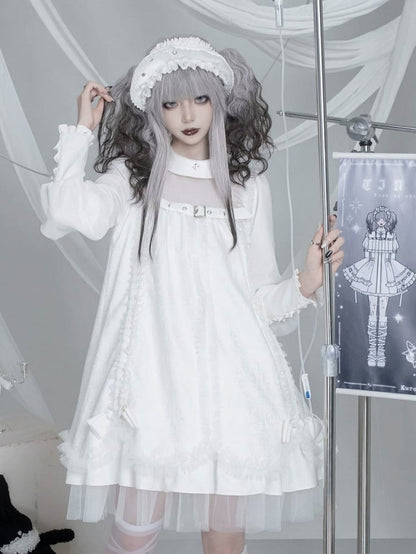 White Gothic Lolita Pleated Dress with Round Collar, Lace and Bowknot Accents - Kuroya