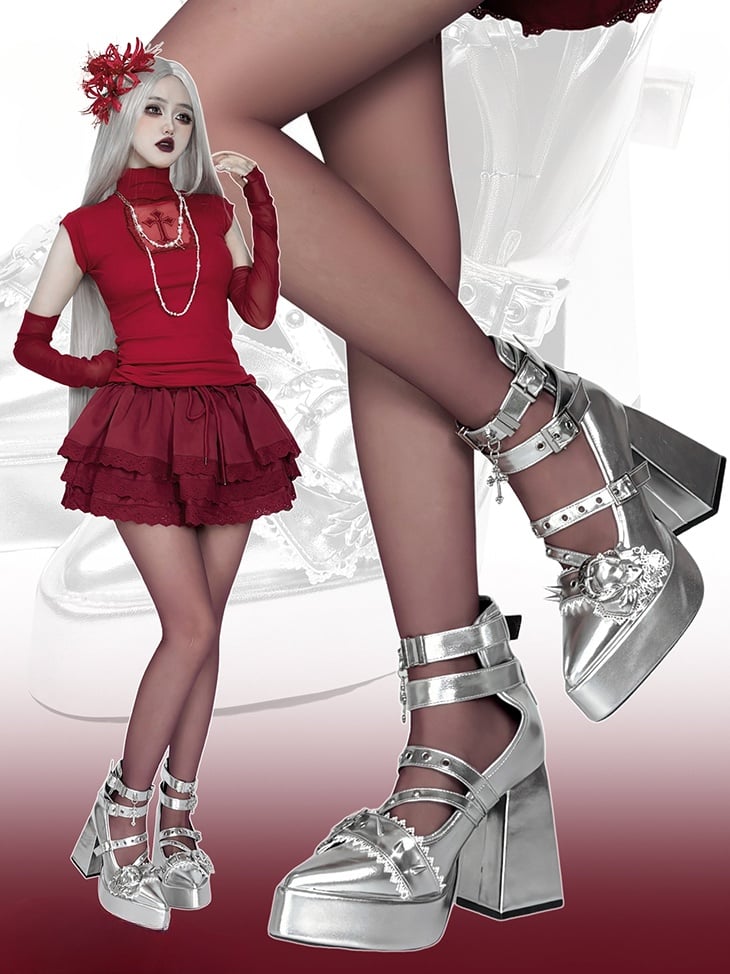 Gothic Silber Kreuz Herz Schnalle Riemen Nieten Plateau High Block Heels