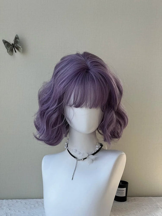 Short 30CM Purple Dusty Bangs Wig Air Wavy with