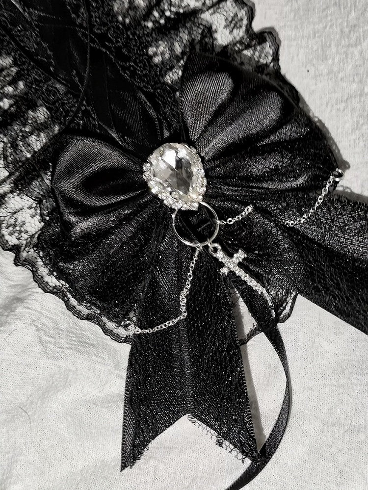 Black Bow Lace Hairband Cross Rhinestone