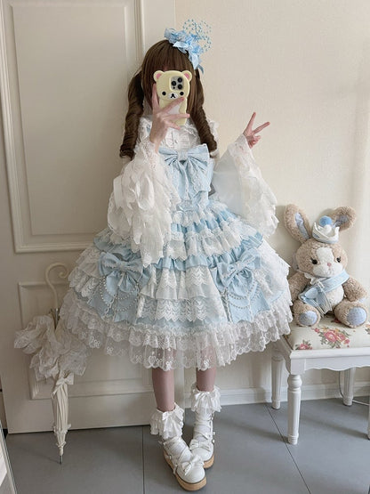 Lolita Rock Kleid Große Schleifen Dekoration Hanayome Blau Tiered