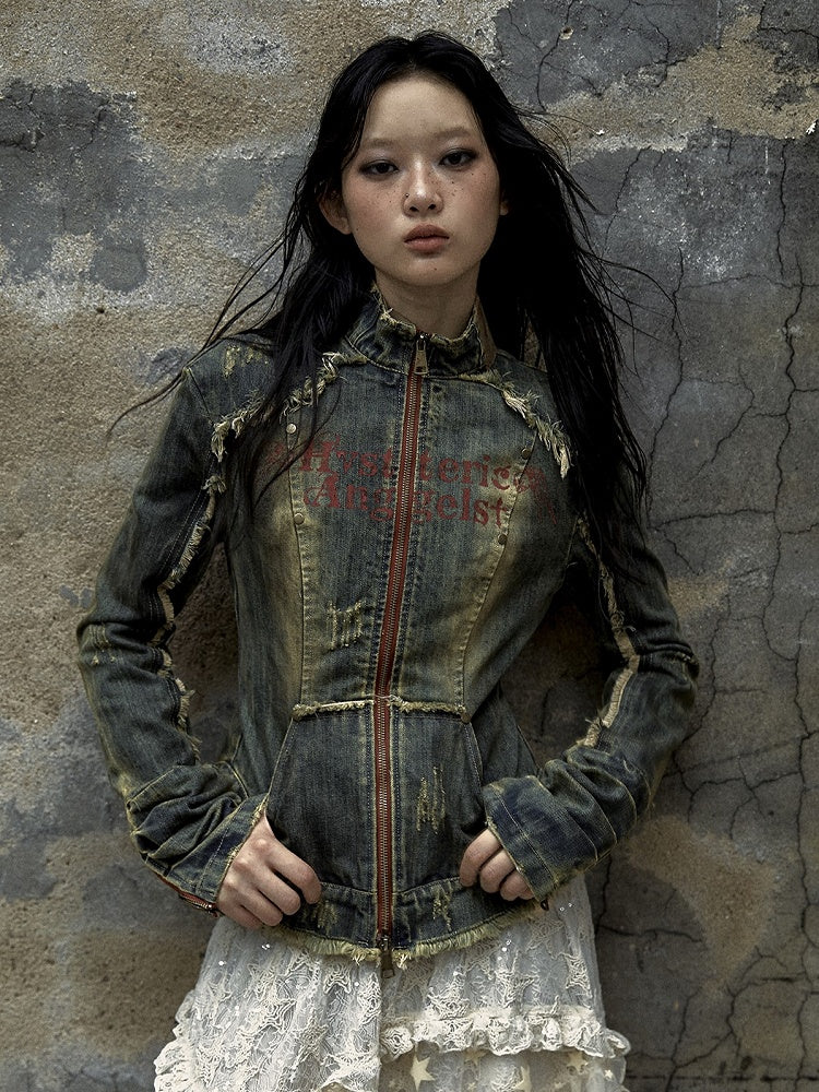Distress with Denim Cross Red Rock Letter Blue Trim Punk Jacket Washed Patch Print