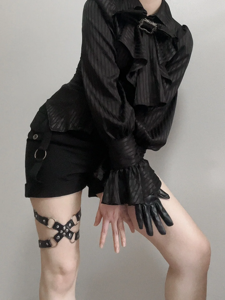 Black Ouji Lolita Long-Sleeve Shirt with Jabot Bowtie