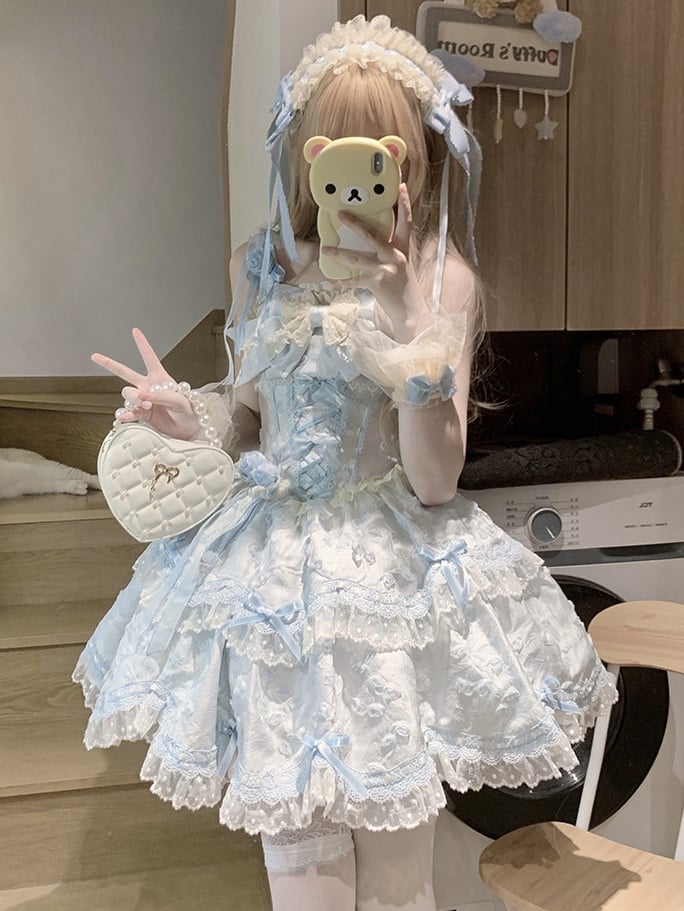 Blue Lolita Bow JSK Jacquard Apricot Doll-Style Lace Dress Floral with