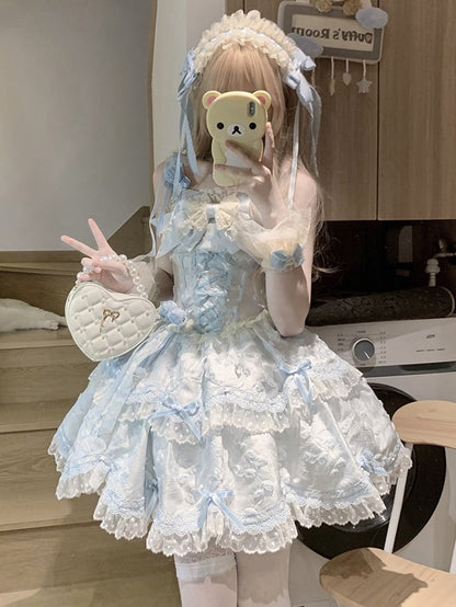 Blue Lolita Bow JSK Jacquard Apricot Doll-Style Lace Dress Floral with