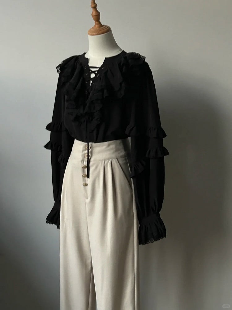 Button Ouji High-Waisted Lolita Details with Pants Beige